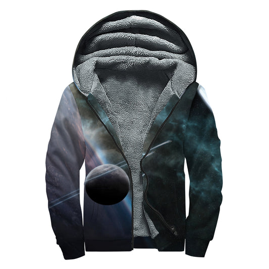 Planet And Space Print Sherpa Lined Zip Up Hoodie