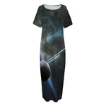 Planet And Space Print Short Sleeve Long Nightdress