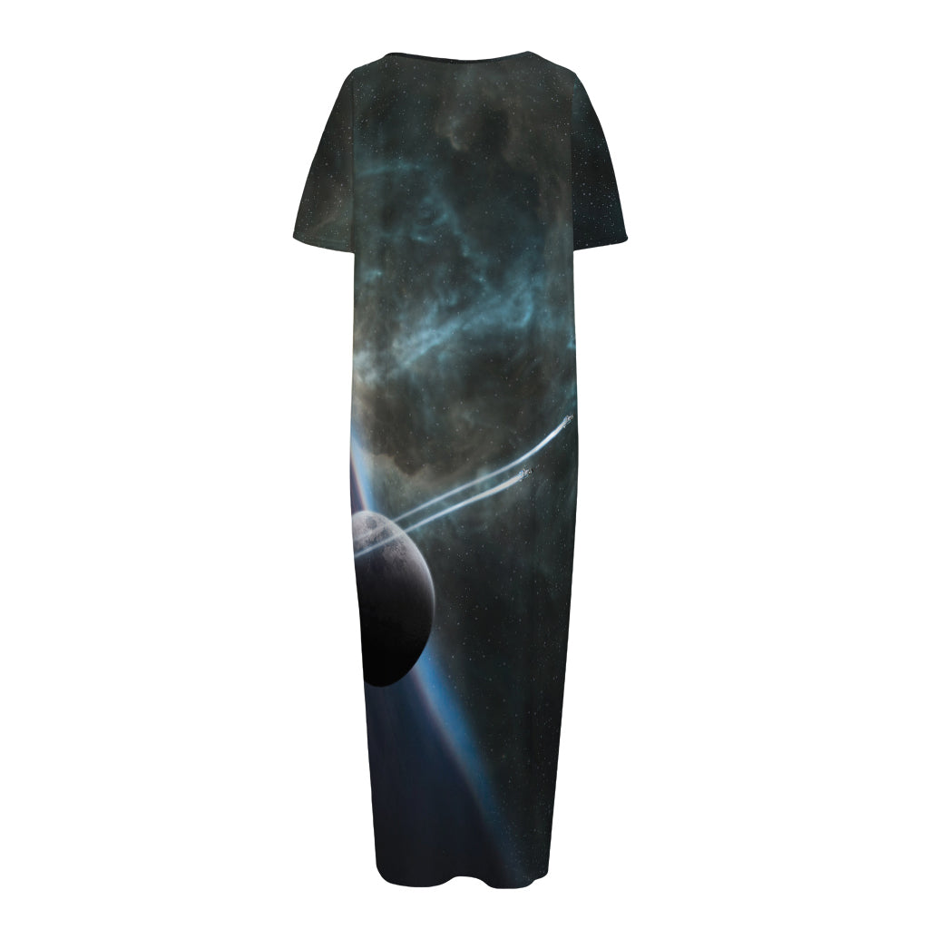 Planet And Space Print Short Sleeve Long Nightdress