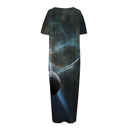 Planet And Space Print Short Sleeve Long Nightdress