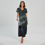 Planet And Space Print Short Sleeve Maxi Dress