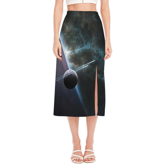 Planet And Space Print Side Slit Midi Skirt