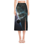 Planet And Space Print Side Slit Midi Skirt