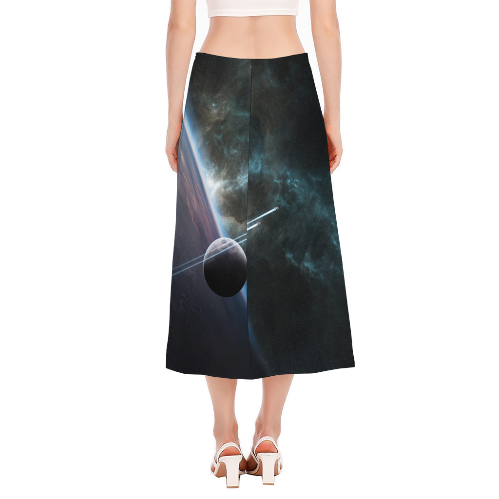 Planet And Space Print Side Slit Midi Skirt