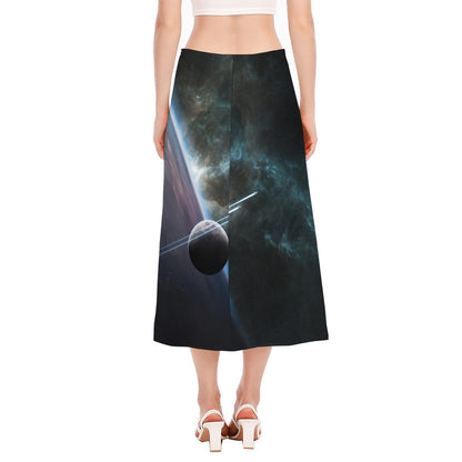 Planet And Space Print Side Slit Midi Skirt