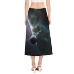 Planet And Space Print Side Slit Midi Skirt