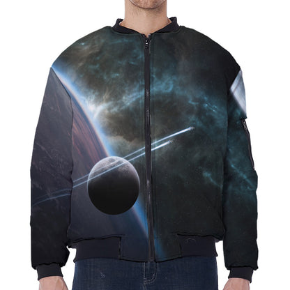 Planet And Space Print Zip Sleeve Bomber Jacket