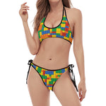 Plastic Building Blocks Pattern Print Halter Scoop Tie Side Bikini