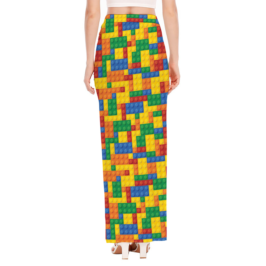 Plastic Building Blocks Pattern Print High Slit Maxi Skirt