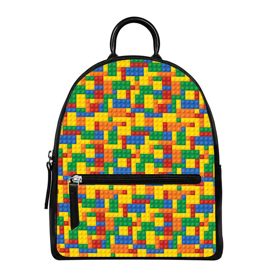 Plastic Building Blocks Pattern Print Leather Backpack