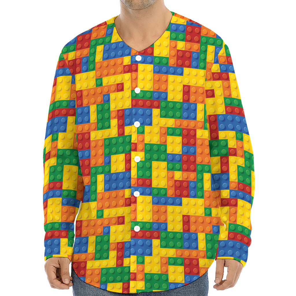 Plastic Building Blocks Pattern Print Long Sleeve Baseball Jersey