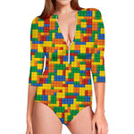 Plastic Building Blocks Pattern Print Long Sleeve Swimsuit