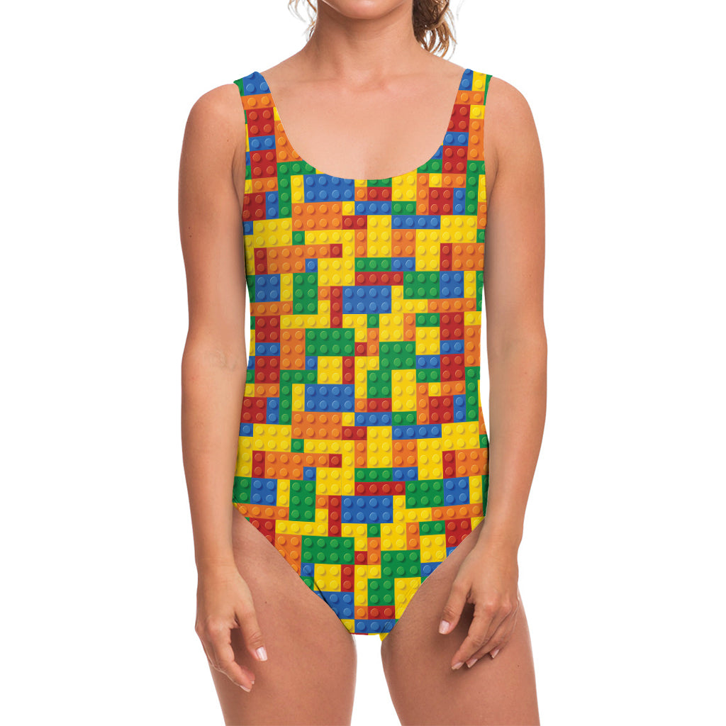 Plastic Building Blocks Pattern Print One Piece Swimsuit