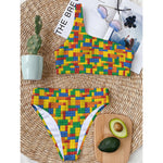 Plastic Building Blocks Pattern Print One Shoulder Bikini Top