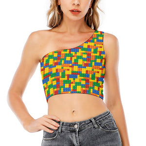 Plastic Building Blocks Pattern Print One Shoulder Crop Top