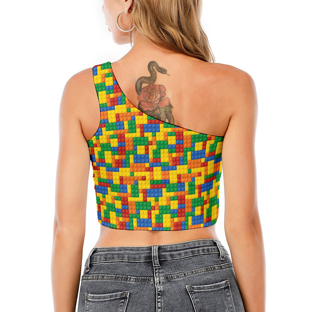 Plastic Building Blocks Pattern Print One Shoulder Crop Top