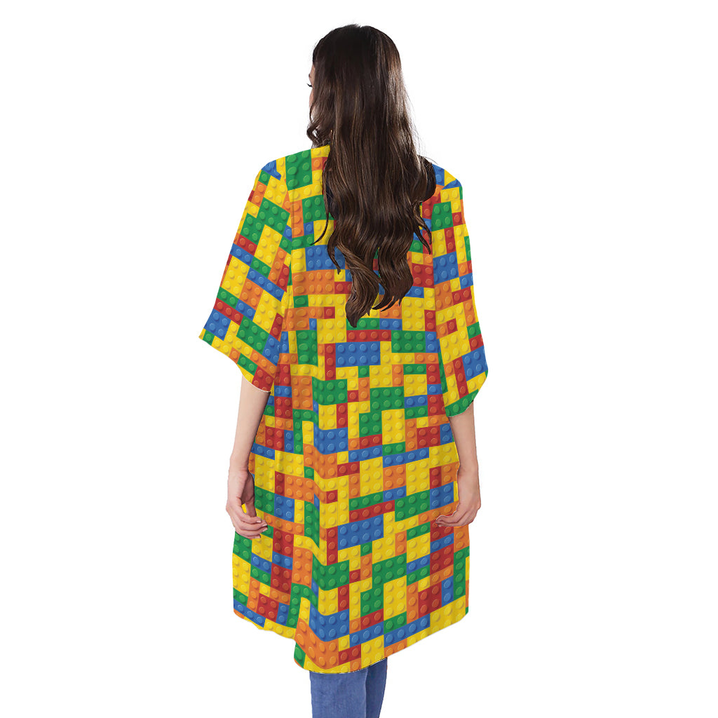 Plastic Building Blocks Pattern Print Open Front Beach Cover Up