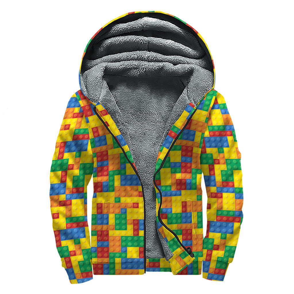 Plastic Building Blocks Pattern Print Sherpa Lined Zip Up Hoodie