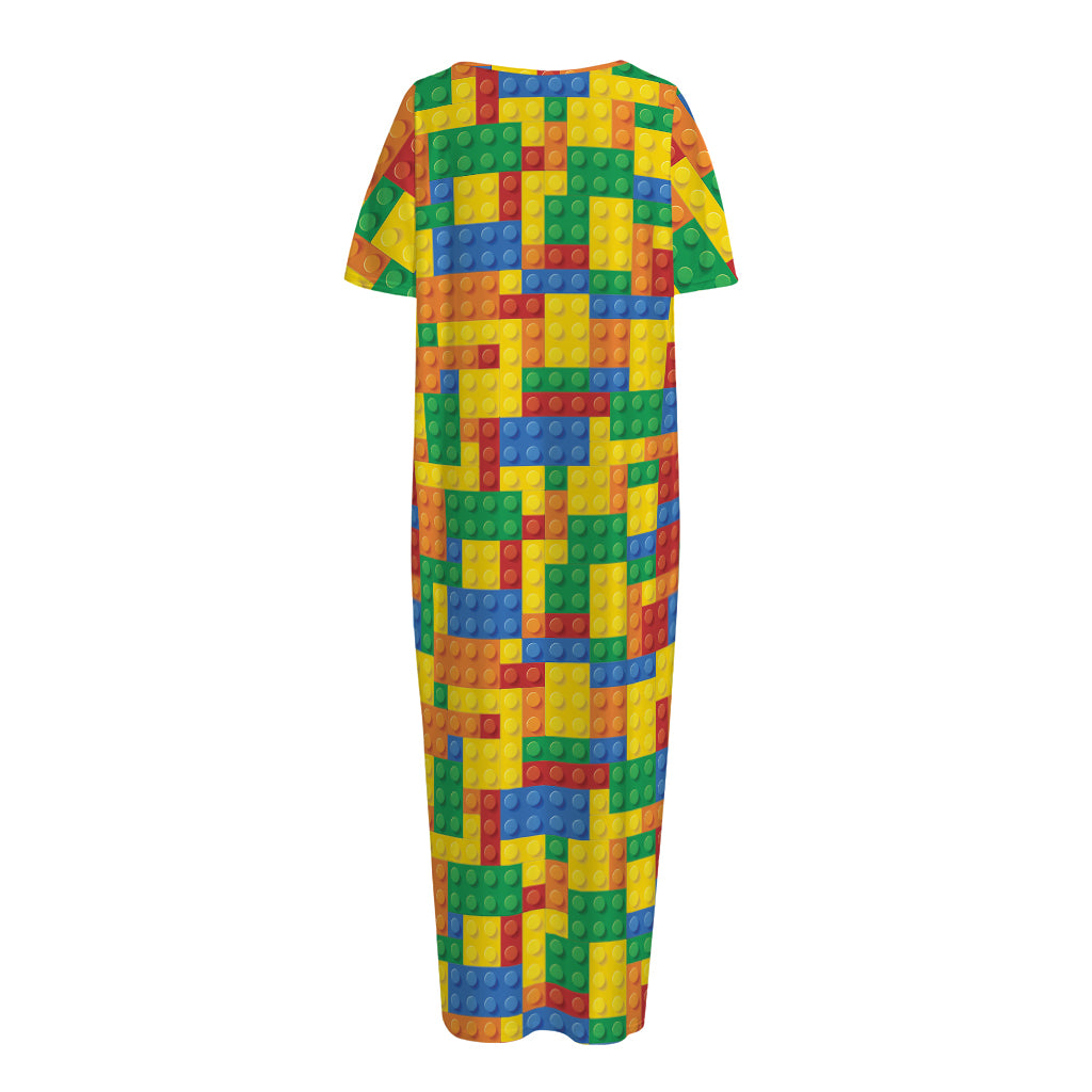 Plastic Building Blocks Pattern Print Short Sleeve Long Nightdress