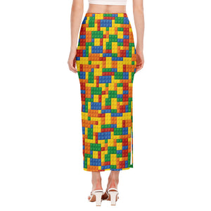 Plastic Building Blocks Pattern Print Side Slit Maxi Skirt