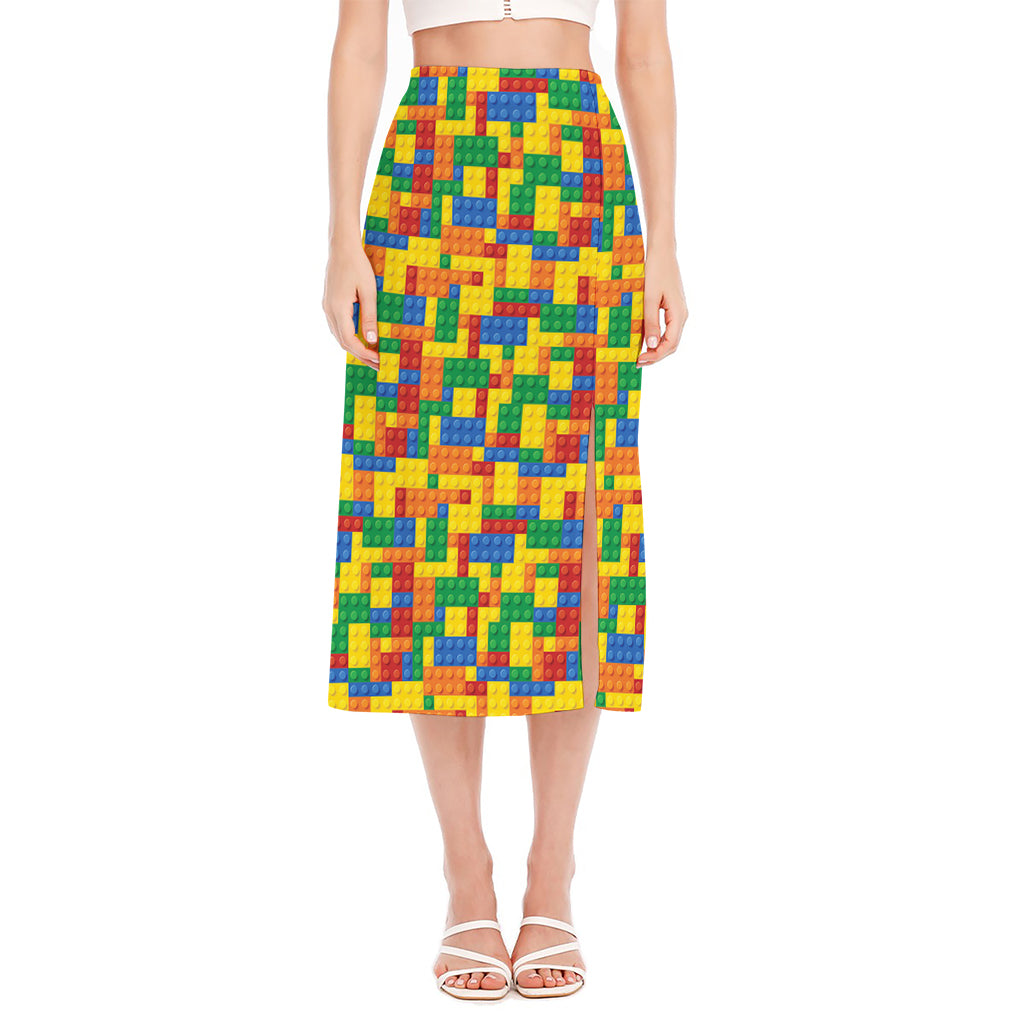 Plastic Building Blocks Pattern Print Side Slit Midi Skirt