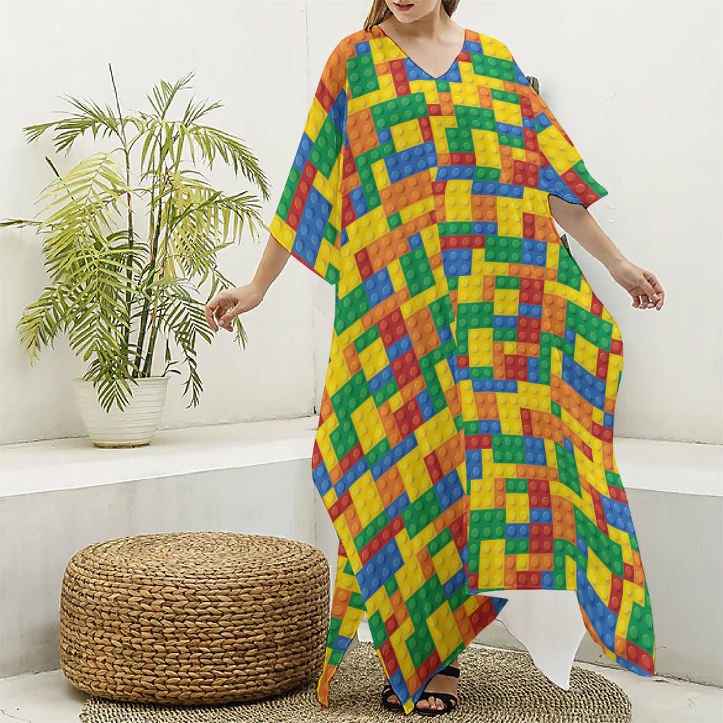 Plastic Building Blocks Pattern Print Silk V-Neck Kaftan Dress