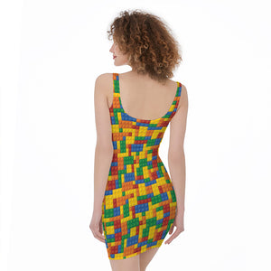 Plastic Building Blocks Pattern Print Sleeveless Bodycon Dress