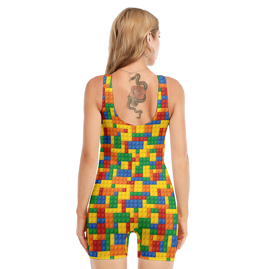 Plastic Building Blocks Pattern Print Sleeveless One Piece Swimsuit