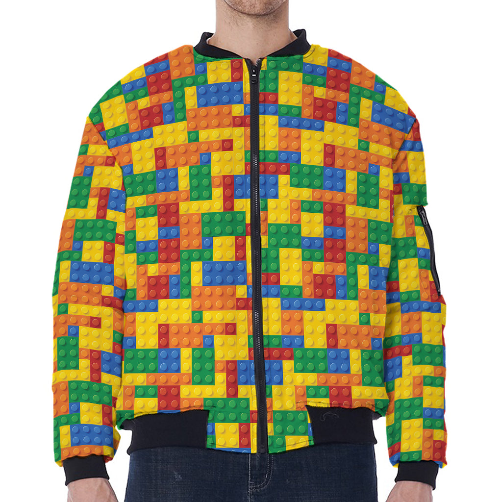 Plastic Building Blocks Pattern Print Zip Sleeve Bomber Jacket