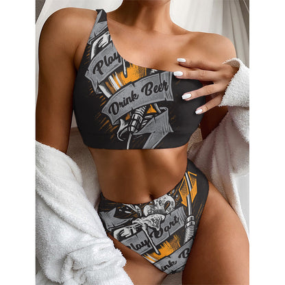 Play Dart Drink Beer Print One Shoulder Bikini Top