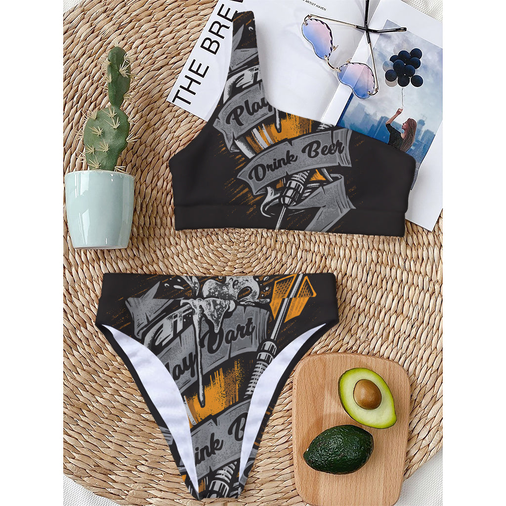 Play Dart Drink Beer Print One Shoulder Bikini Top