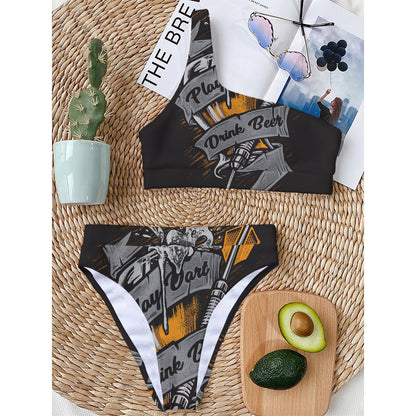 Play Dart Drink Beer Print One Shoulder Bikini Top