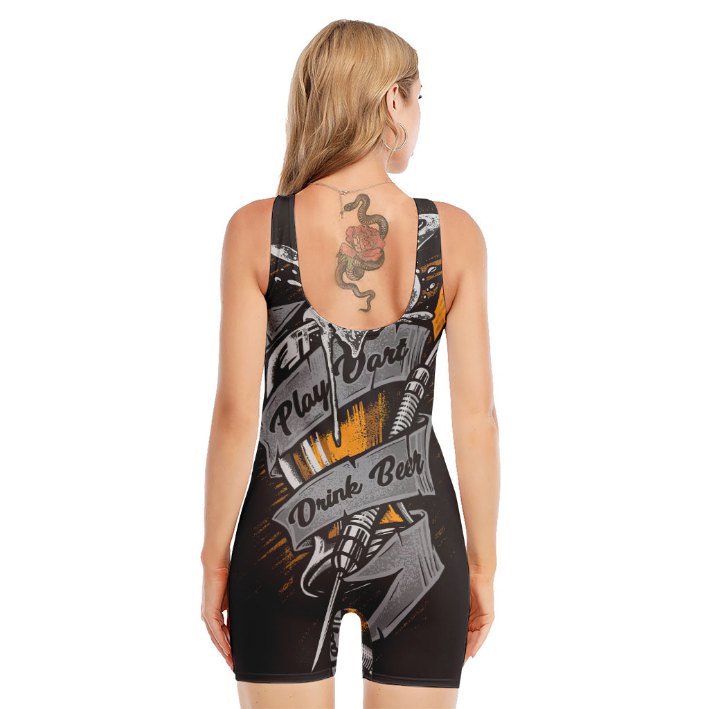 Play Dart Drink Beer Print Sleeveless One Piece Swimsuit