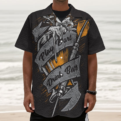 Play Dart Drink Beer Print Textured Short Sleeve Shirt