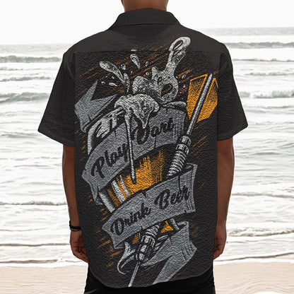 Play Dart Drink Beer Print Textured Short Sleeve Shirt