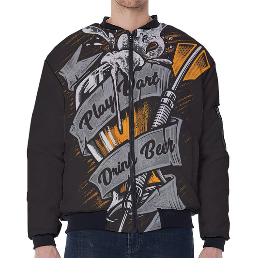 Play Dart Drink Beer Print Zip Sleeve Bomber Jacket