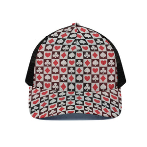 Playing Card Suits Check Pattern Print Black Mesh Trucker Cap