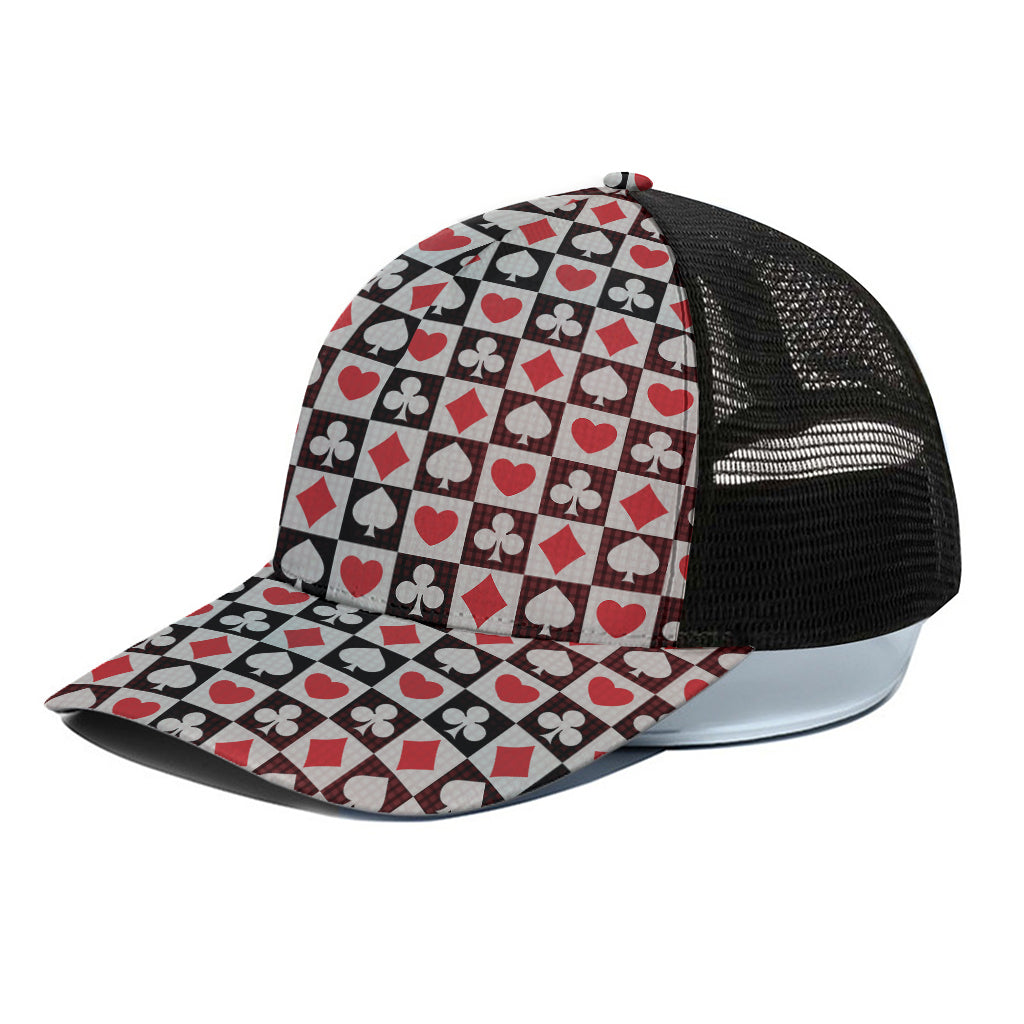 Playing Card Suits Check Pattern Print Black Mesh Trucker Cap