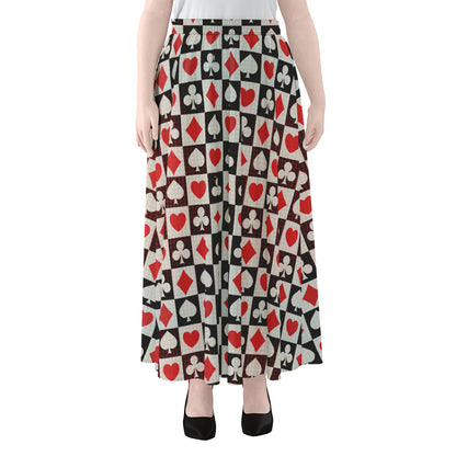 Playing Card Suits Check Pattern Print Chiffon Maxi Skirt