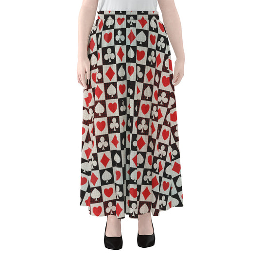 Playing Card Suits Check Pattern Print Chiffon Maxi Skirt