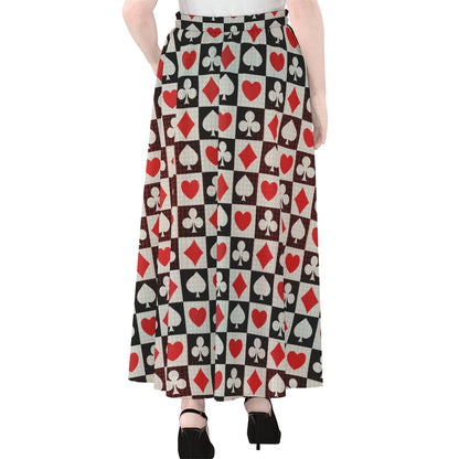 Playing Card Suits Check Pattern Print Chiffon Maxi Skirt