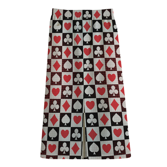 Playing Card Suits Check Pattern Print Cotton Front Slit Maxi Skirt