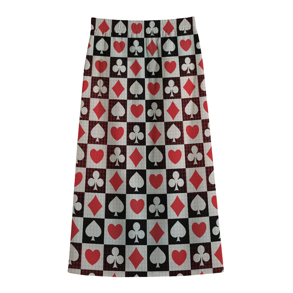 Playing Card Suits Check Pattern Print Cotton Front Slit Maxi Skirt