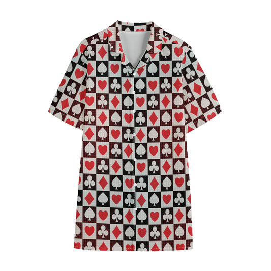Playing Card Suits Check Pattern Print Cotton Hawaiian Shirt