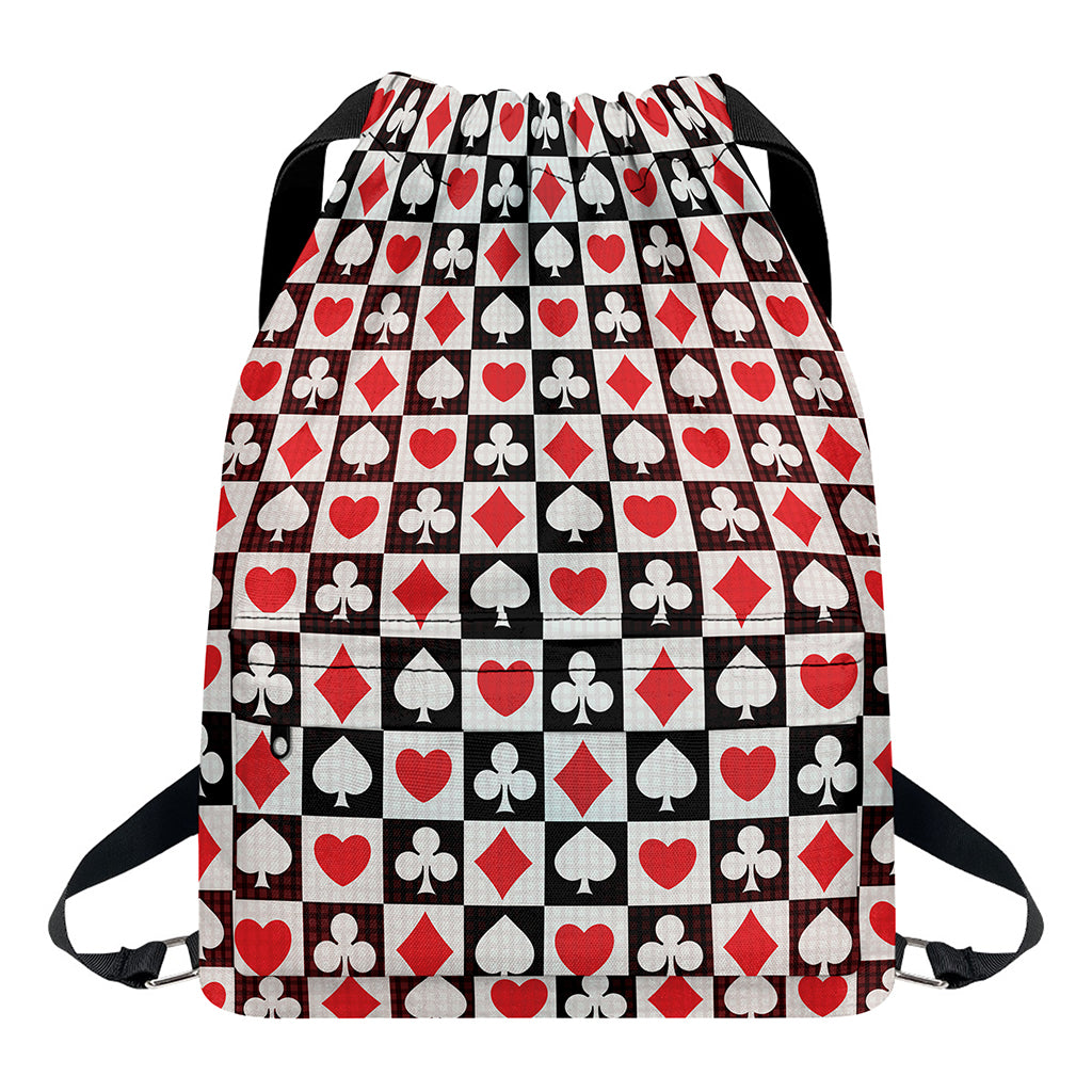 Playing Card Suits Check Pattern Print Drawstring Backpack
