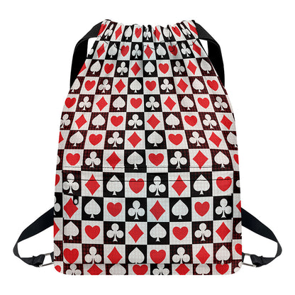 Playing Card Suits Check Pattern Print Drawstring Backpack