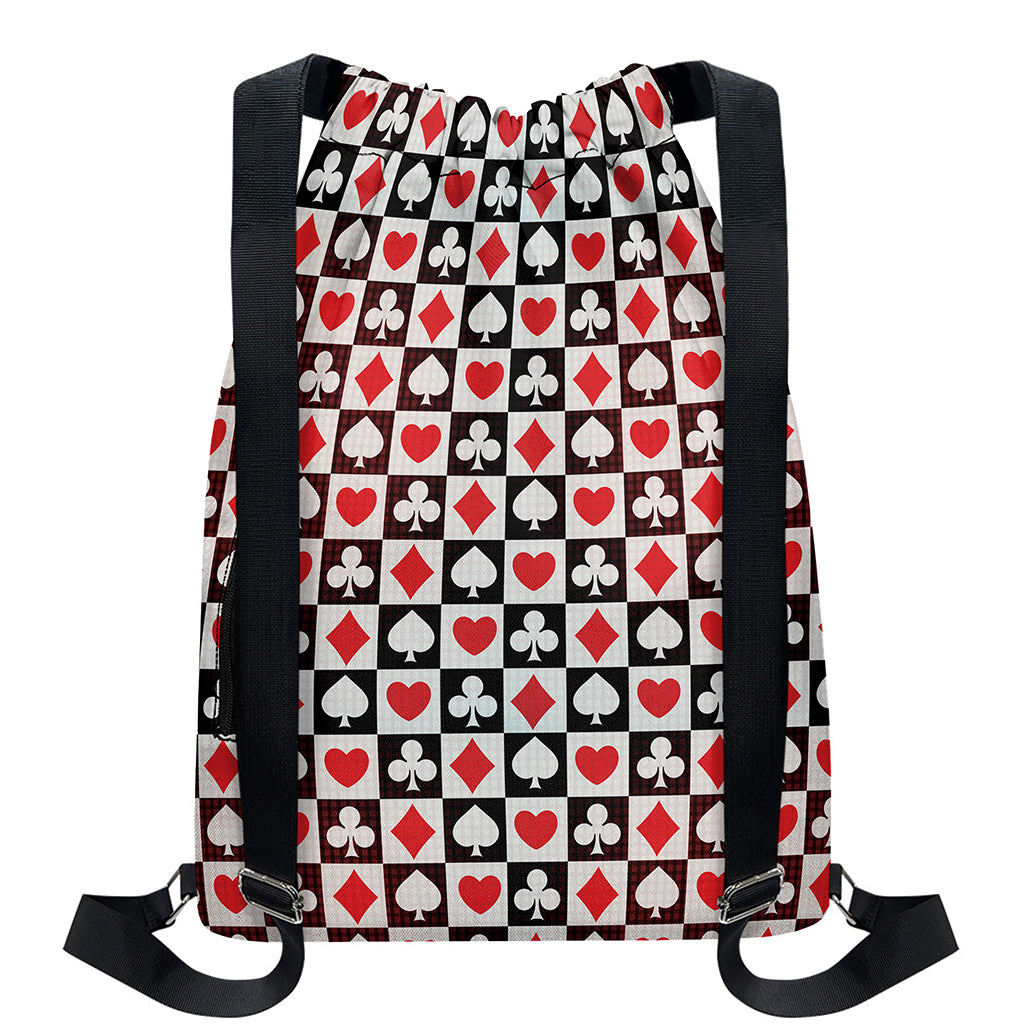 Playing Card Suits Check Pattern Print Drawstring Backpack