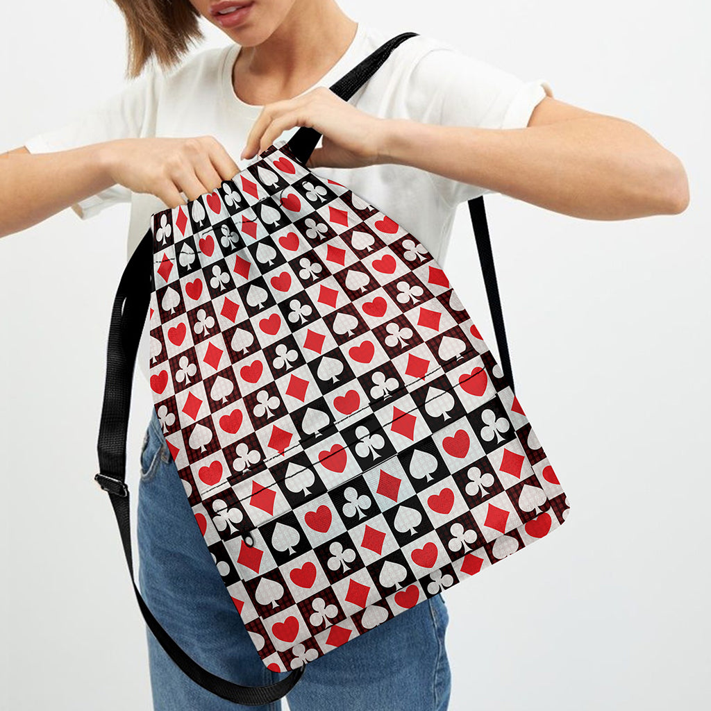 Playing Card Suits Check Pattern Print Drawstring Backpack