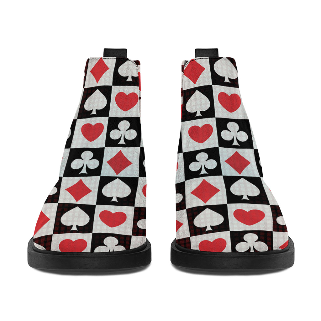 Playing Card Suits Check Pattern Print Flat Ankle Boots