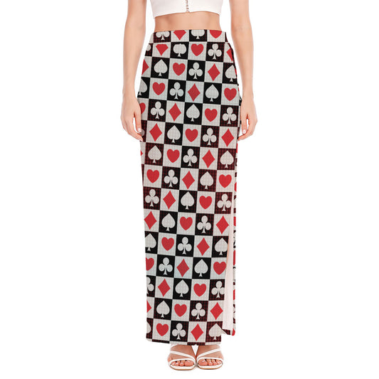 Playing Card Suits Check Pattern Print High Slit Maxi Skirt